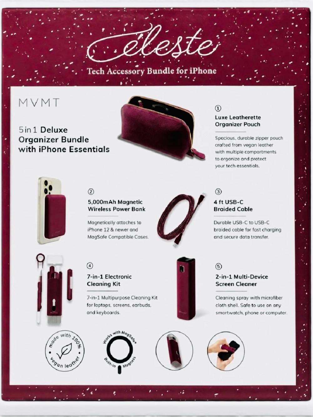 MVMT Celeste Burgundy Tech Accessory Bundle for iPhone - Picture 3 of 5